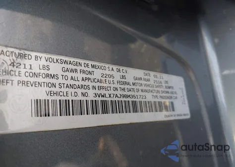 2011 Volkswagen Jetta 2.5L Sel из США, поврежденный, VIN 3VWLX7AJ9BM351723